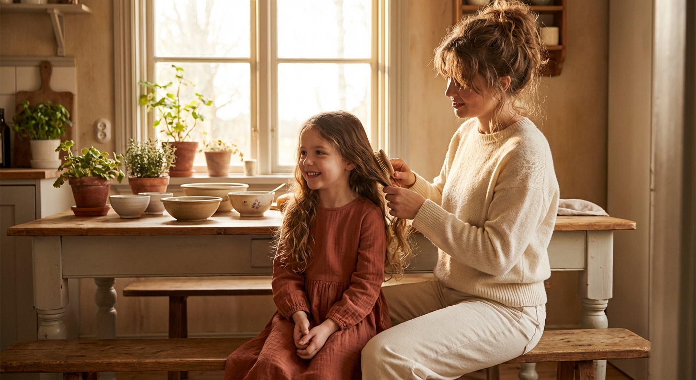 Sarah brushing Emma's hair in morning light
