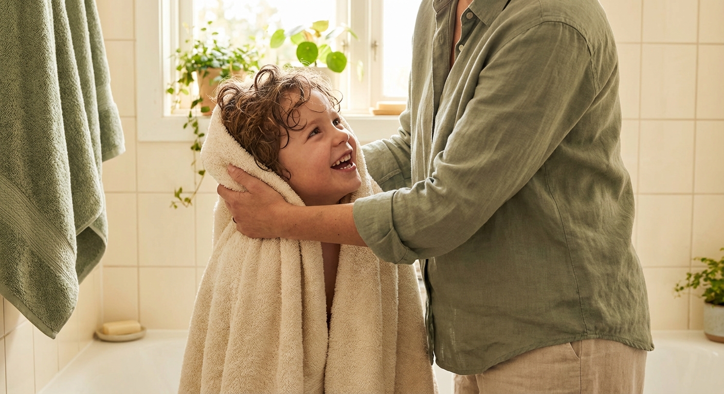 Marcus laughing during bath time hair routine