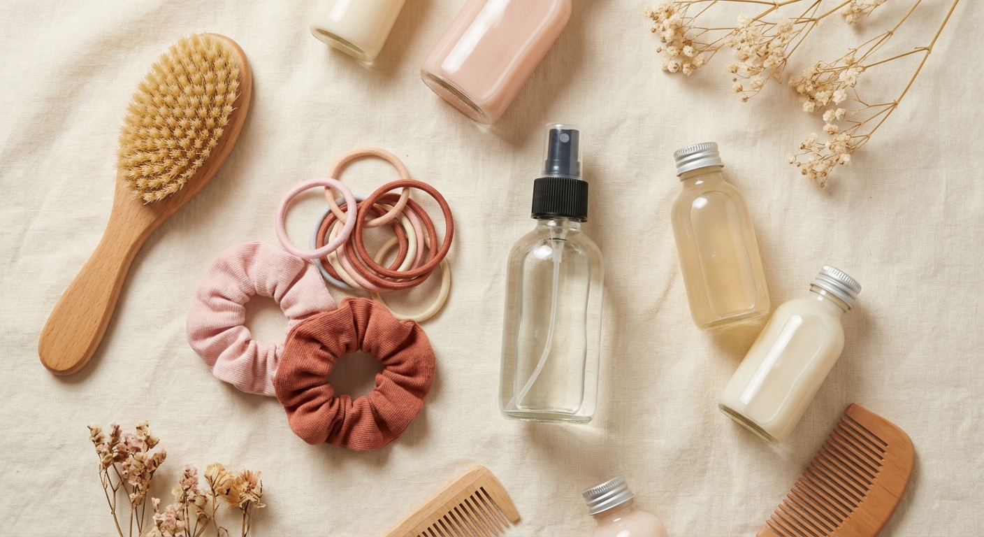 Kids hair care products arranged on linen background